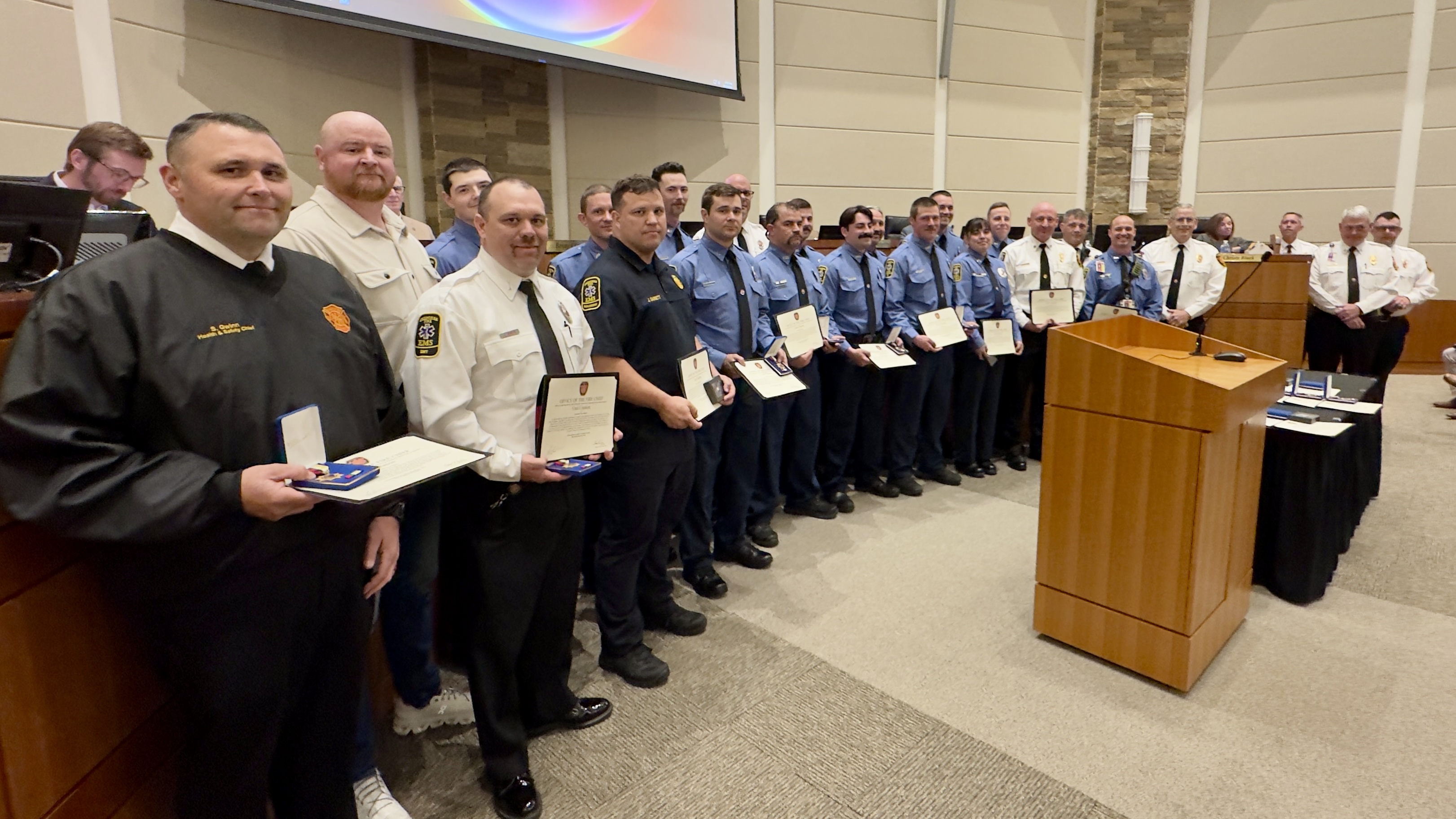 Firefighters receive a Unit Citation for their work at a recent incident. 