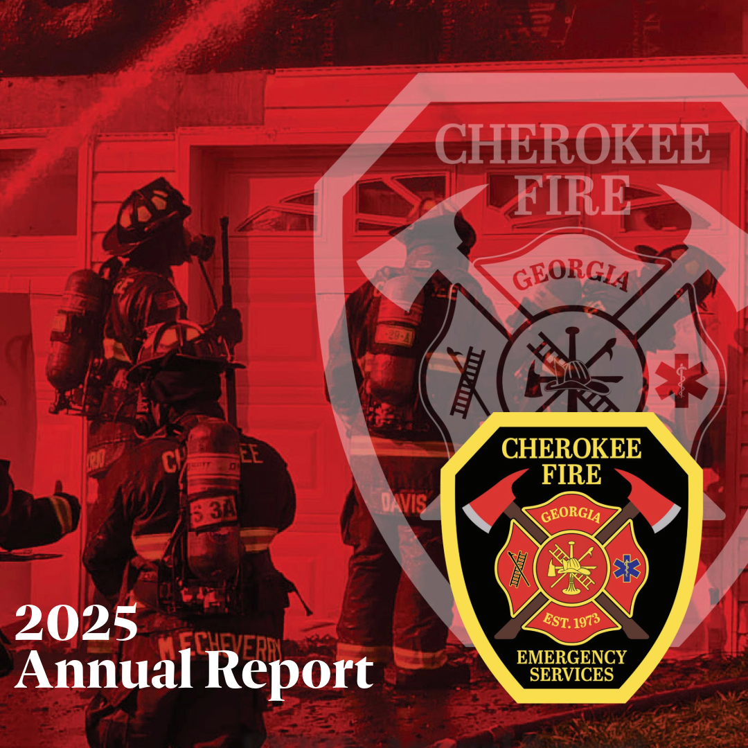 Cover of the Cherokee County Fire & Emergency Services 2025 Annual Report featuring firefighters at a residential fire and the department logo.
